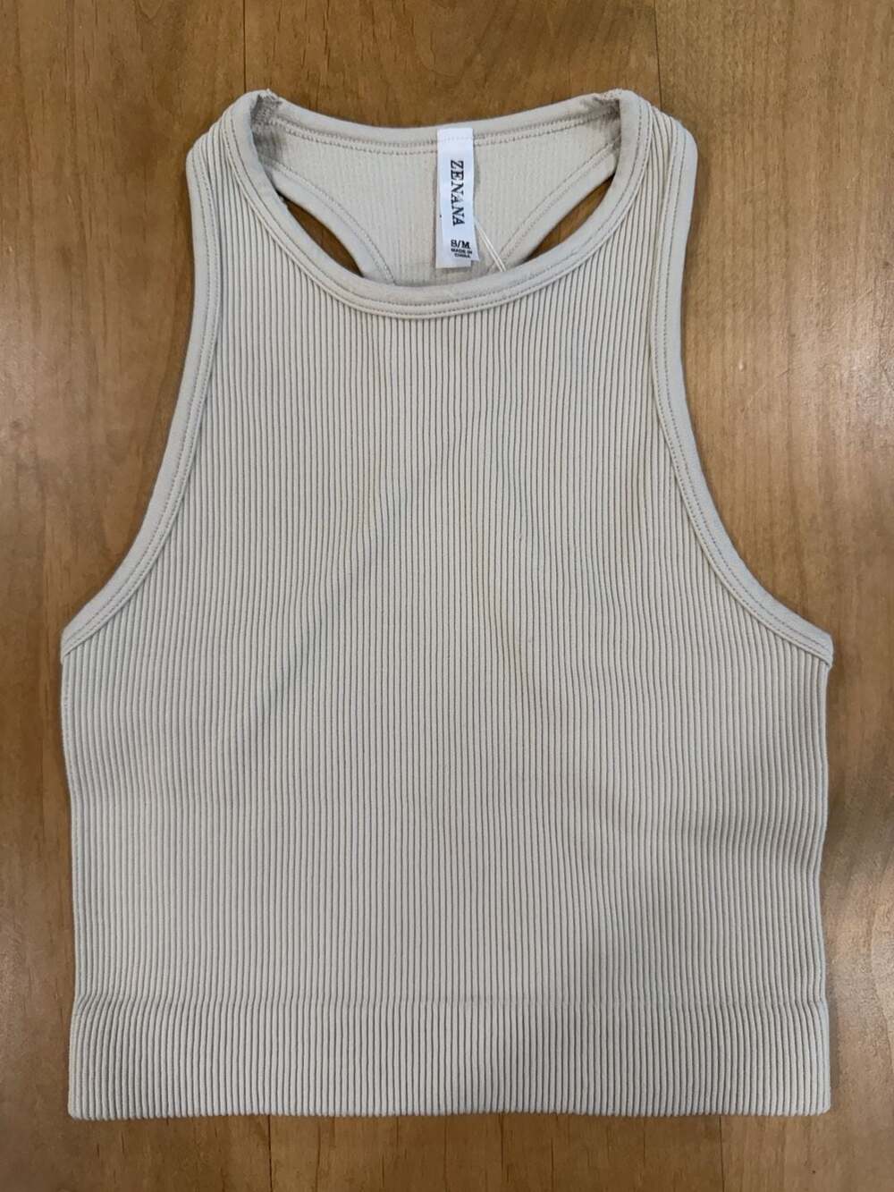 Zenana Light Beige Ribbed High-Neck Racerback Cropped Tank Top S/M